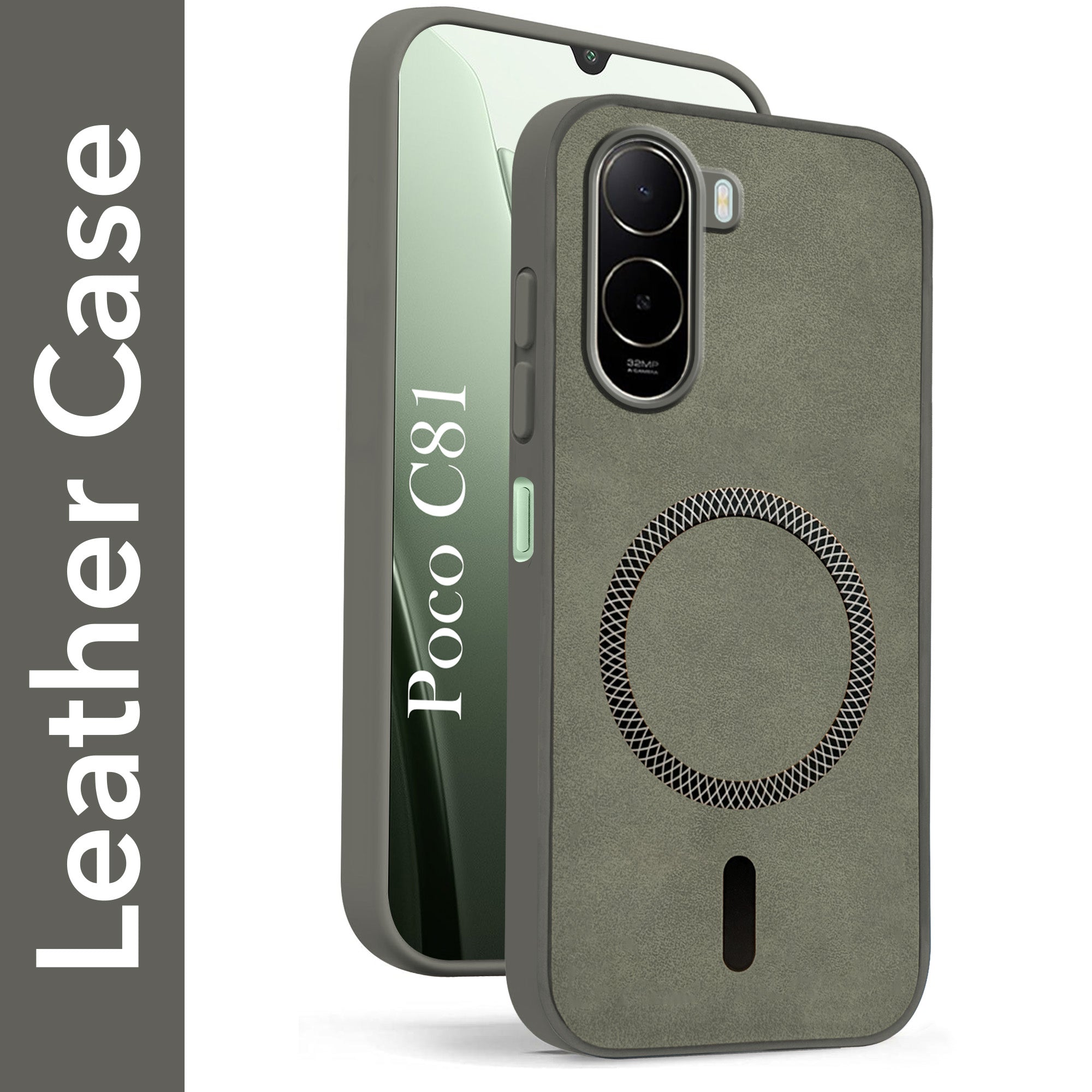 For Poco C81 Back Cover Case Leather Finish (MagSafe Compatible Wireless Charging | Soft Touch | Camera Bump Protection)