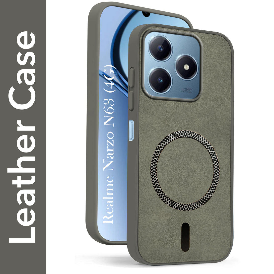 For Realme Narzo N63 Back Cover Case Leather Finish (MagSafe Compatible Wireless Charging | Soft Touch | Camera Bump Protection)