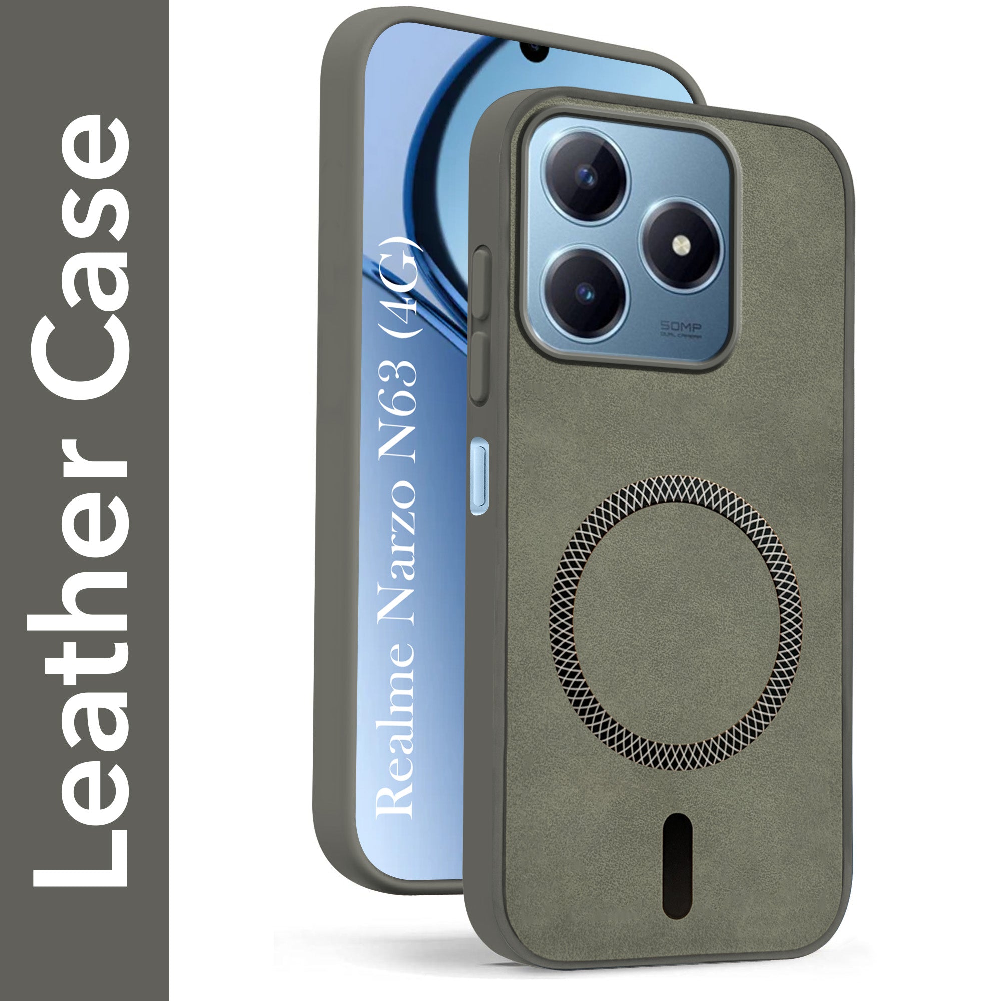 For Realme Narzo N63 Back Cover Case Leather Finish (MagSafe Compatible Wireless Charging | Soft Touch | Camera Bump Protection)