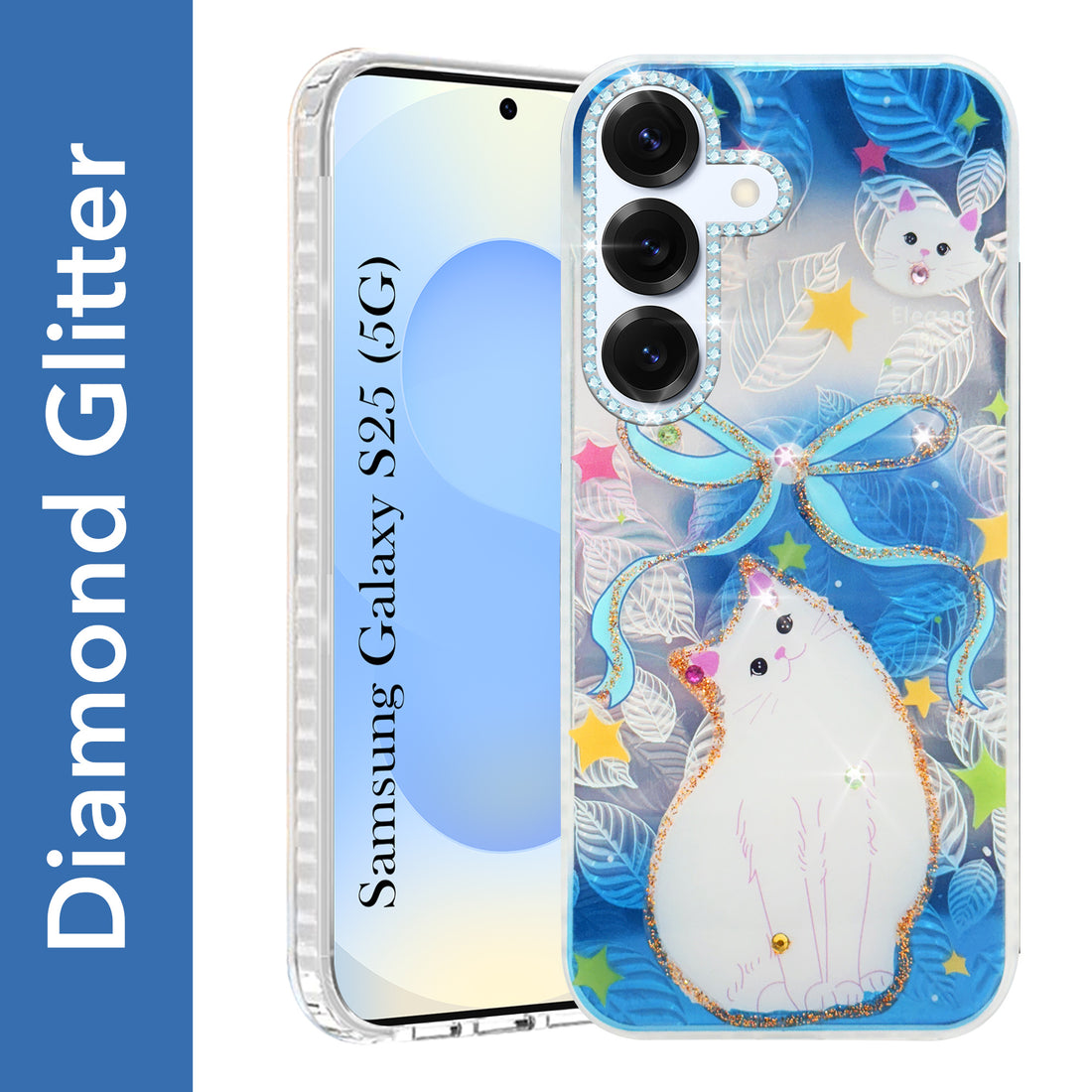 For Samsung Galaxy S25 Back Cover Case (Luxury Floral Glitter Cute Butterfly | Diamond Studded Camera Bump | Girls & Women Design)