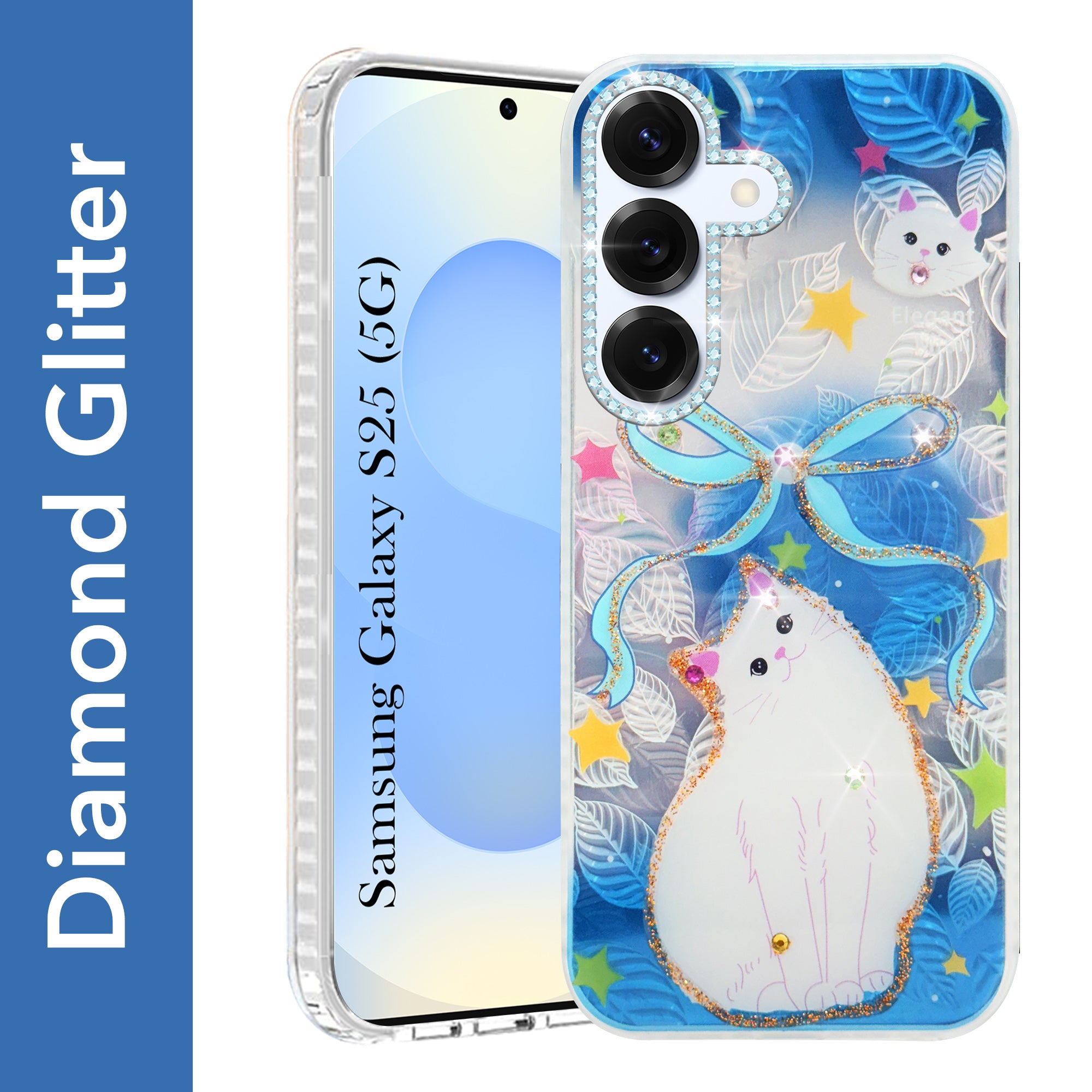 For Samsung Galaxy S25 Back Cover Case (Luxury Floral Glitter Cute Butterfly | Diamond Studded Camera Bump | Girls & Women Design)