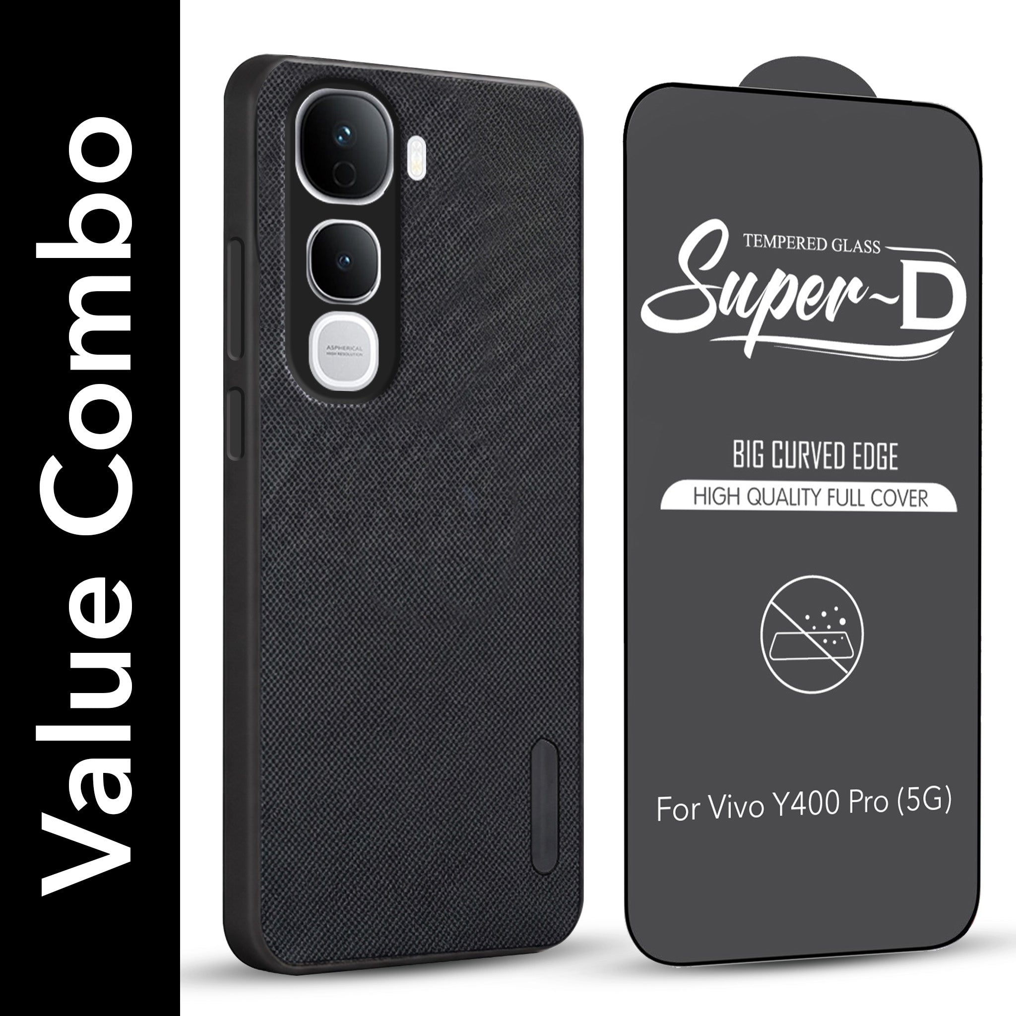 For Vivo Y400 Pro Combo with Back Cover and 9H Tempered Glass (Textured Grip Design | Micro-Fiber Cloth Inside | Oleophobic Coating Screen Glass)