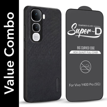 For Vivo Y400 Pro Combo with Back Cover and 9H Tempered Glass (Textured Grip Design | Micro-Fiber Cloth Inside | Oleophobic Coating Screen Glass)