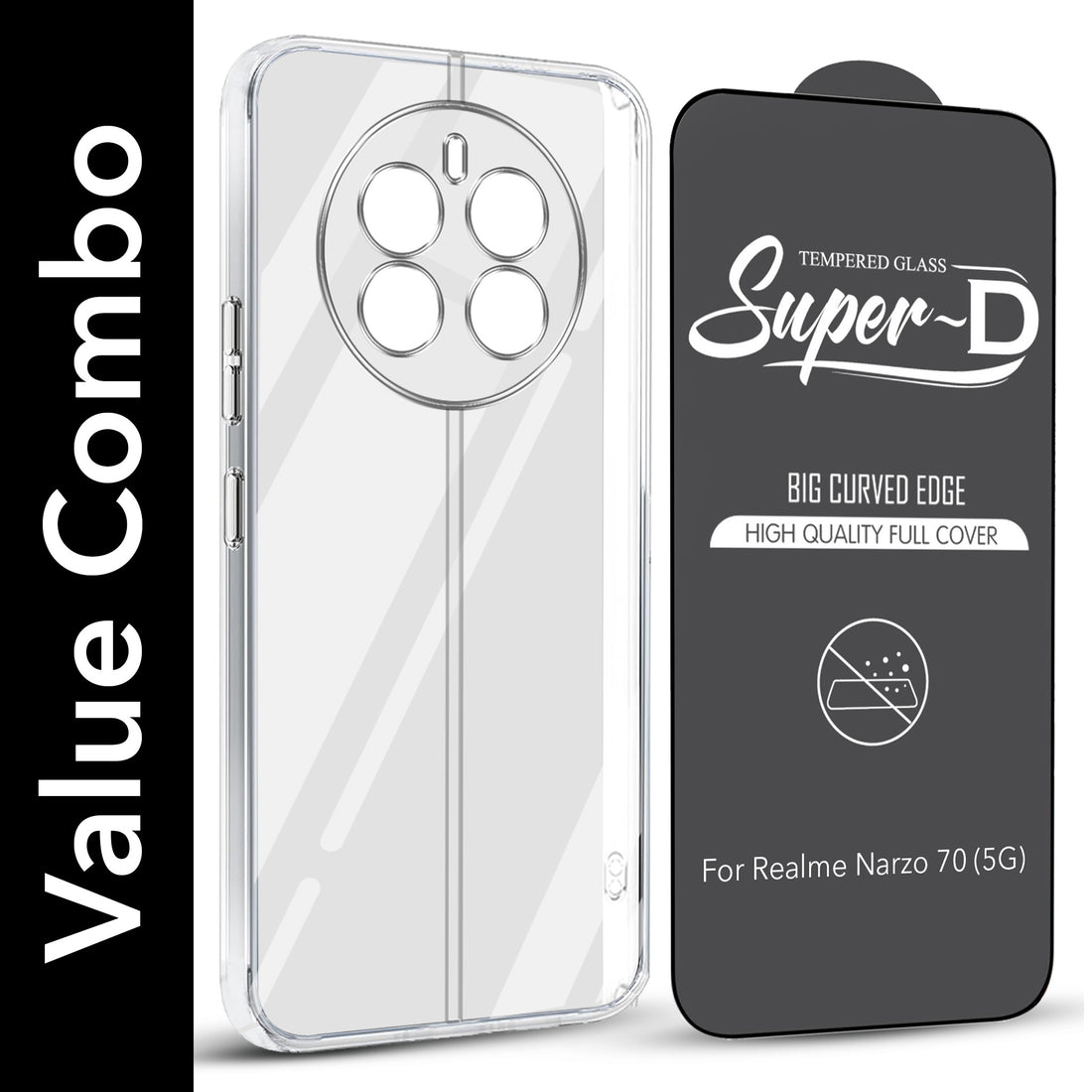For Realme Narzo 70 5G Combo with Back Cover and 9H Tempered Glass (Lifetime Anti-Yellow | Sleek Hard Crystal | Oleophobic Coating Screen Glass)