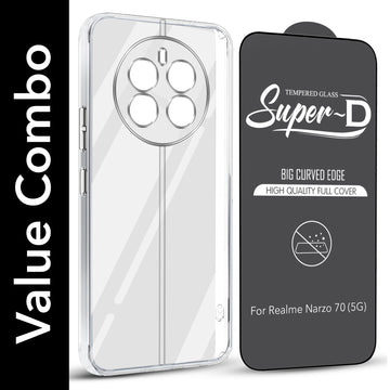 For Realme Narzo 70 5G Combo with Back Cover and 9H Tempered Glass (Lifetime Anti-Yellow | Sleek Hard Crystal | Oleophobic Coating Screen Glass)