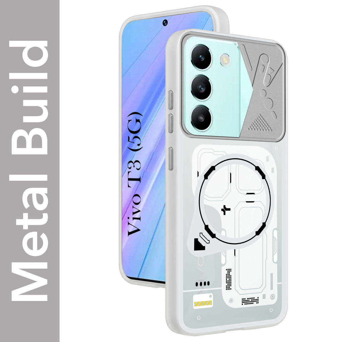 For Vivo T3 5G Metallic Back Cover Case (Metallic Camera Protection & Buttons | Translucent Milky Shade | Hard Polycarbonate)