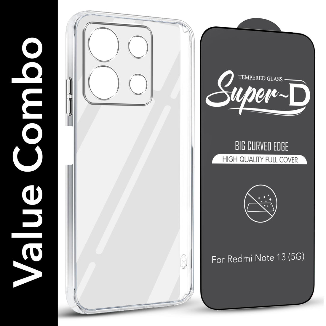 For Xiaomi Redmi Note 13 5G Combo with Back Cover and 9H Tempered Glass (Lifetime Anti-Yellow | Sleek Hard Crystal | Oleophobic Coating Screen Glass)