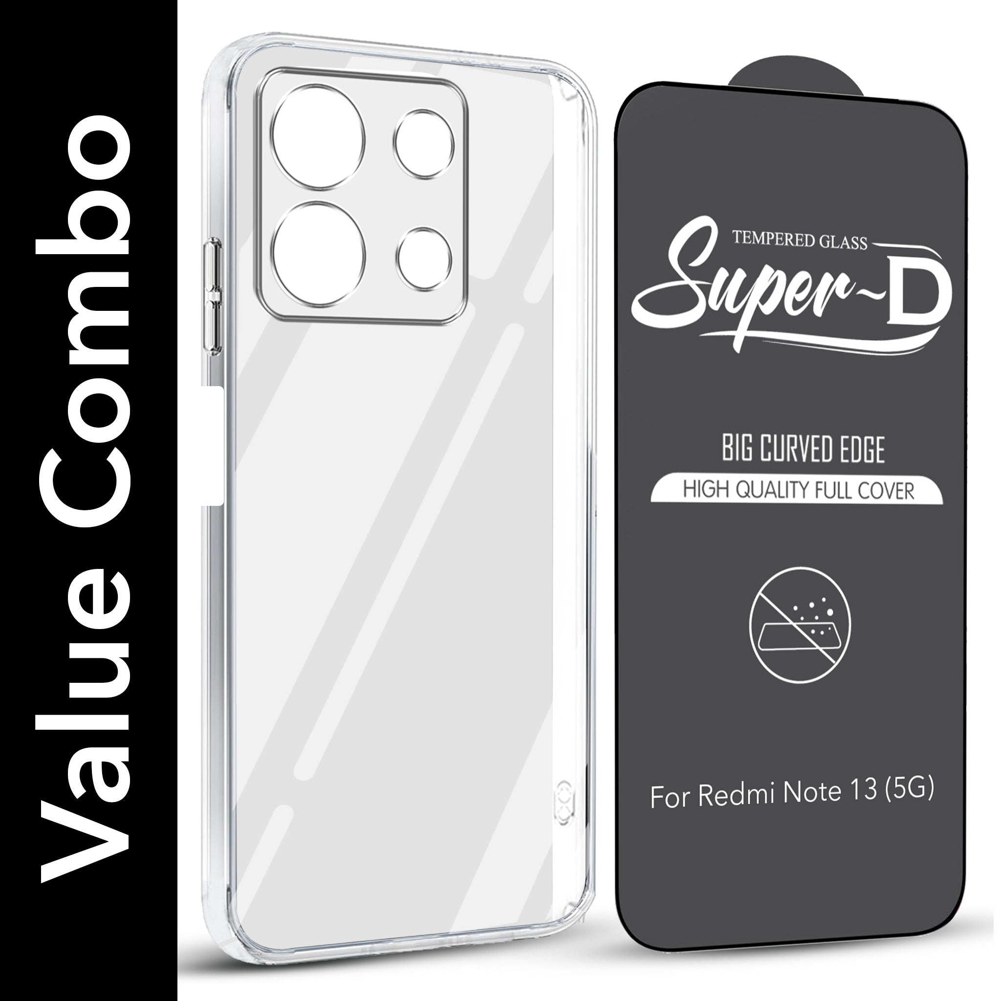 For Xiaomi Redmi Note 13 5G Combo with Back Cover and 9H Tempered Glass (Lifetime Anti-Yellow | Sleek Hard Crystal | Oleophobic Coating Screen Glass)