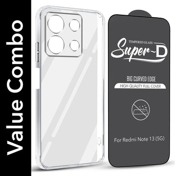 For Xiaomi Redmi Note 13 5G Combo with Back Cover and 9H Tempered Glass (Lifetime Anti-Yellow | Sleek Hard Crystal | Oleophobic Coating Screen Glass)