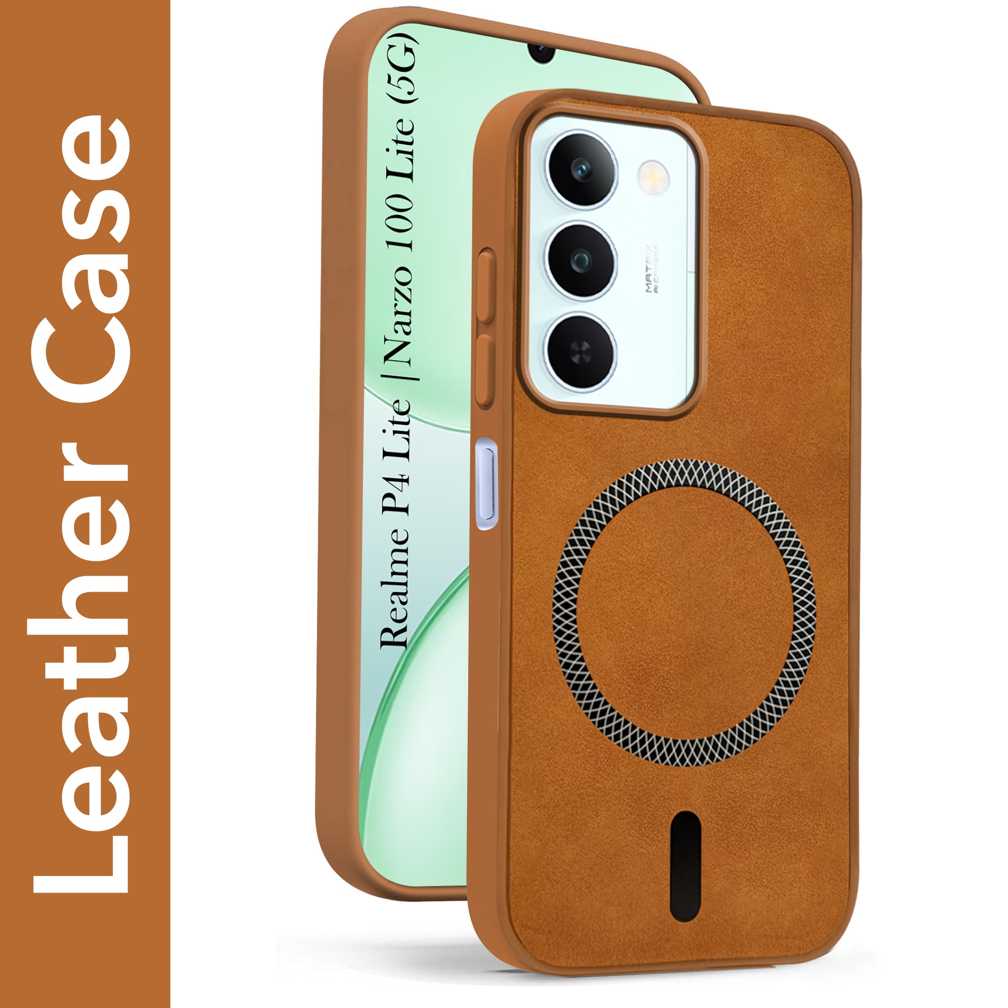 For Realme P4 Lite 5G | Narzo 100 Lite 5G Back Cover Case Leather Finish (MagSafe Compatible Wireless Charging | Soft Touch | Camera Bump Protection)
