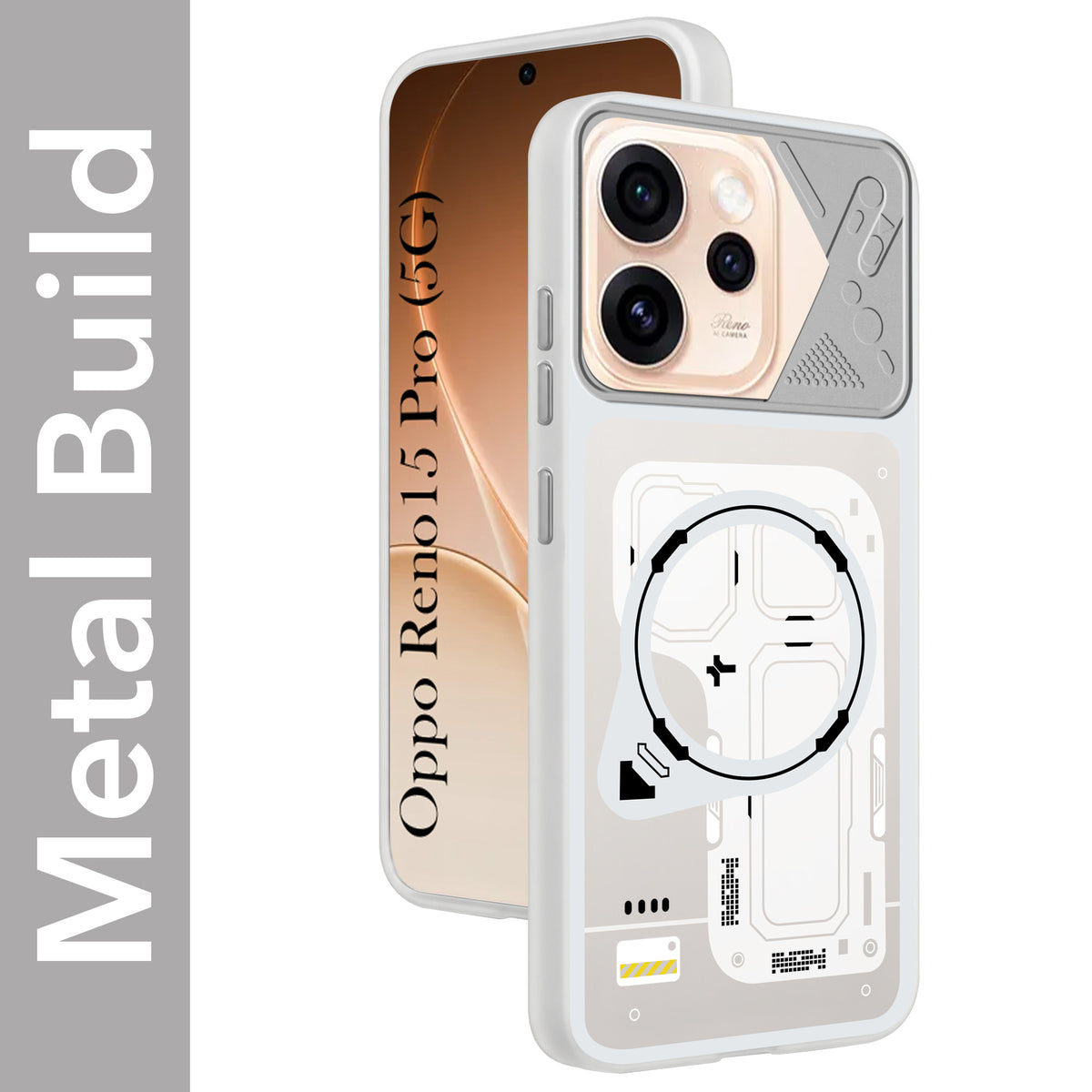 For Oppo Reno15 Pro 5G | Oppo Reno 15 Pro 5G Metallic Back Cover Case (Metallic Camera Protection & Buttons | Translucent Milky Shade | Hard Polycarbonate)