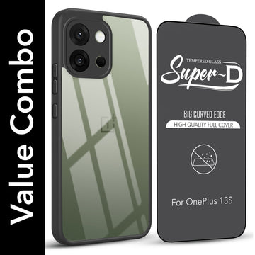 For OnePlus 13S Combo with Back Cover and 9H Tempered Glass (Lifetime Anti-Yellow | Crystal Clear Shockproof | Oleophobic Coating Screen Glass)