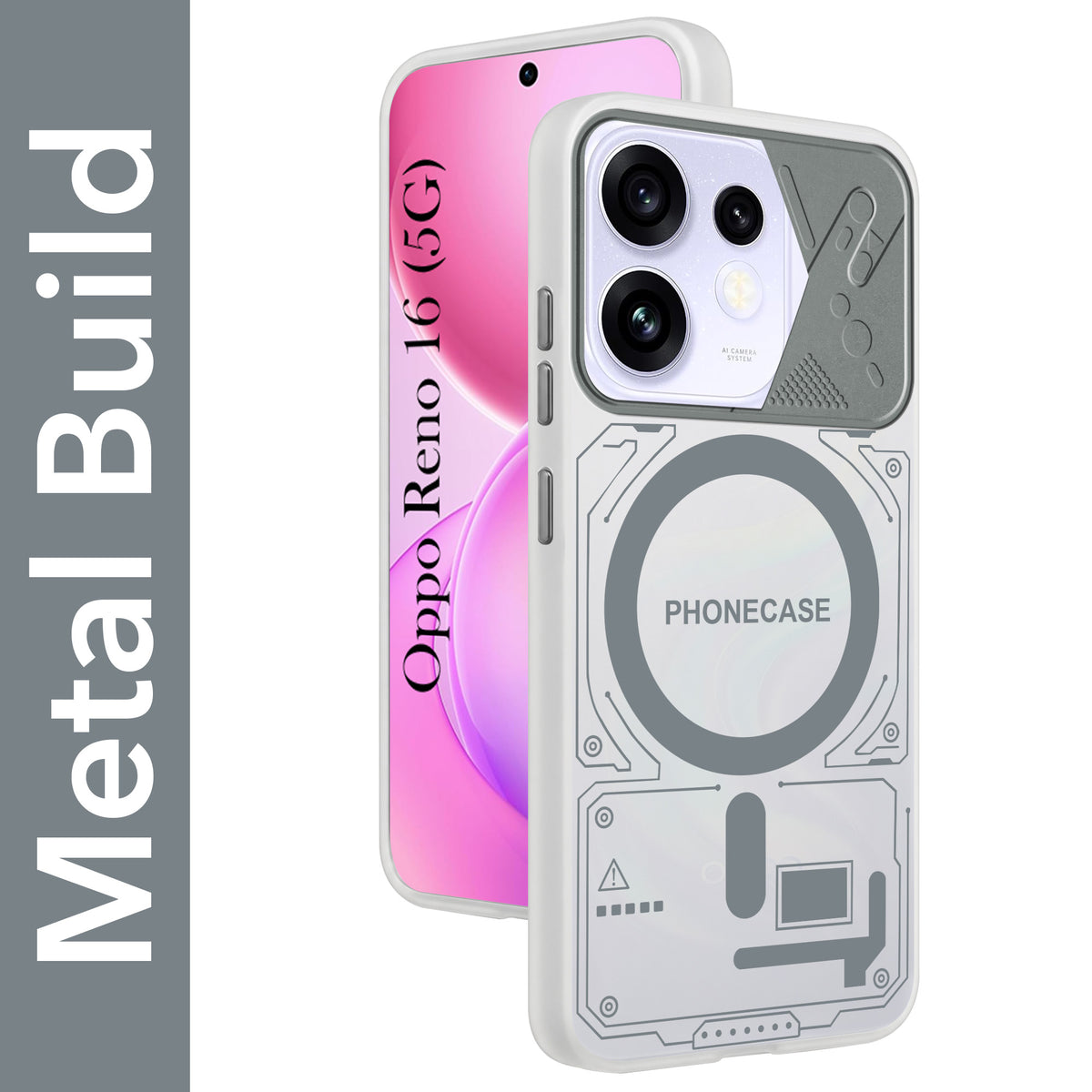 For Oppo Reno 16 Metallic Back Cover Case (Metallic Camera Protection & Buttons | Translucent Milky Shade | Hard Polycarbonate)