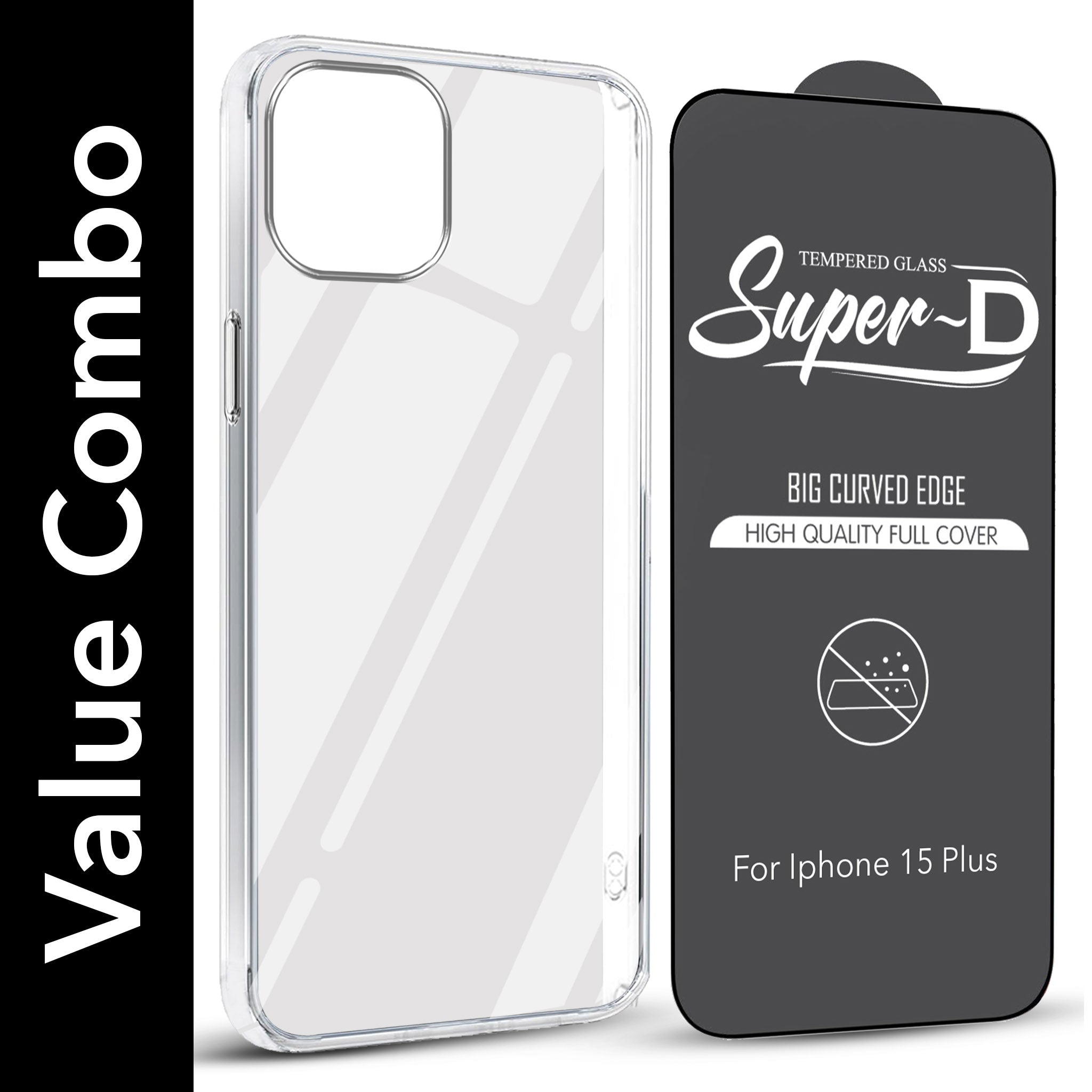 For Apple iPhone 15 Plus Combo with Back Cover and 9H Tempered Glass (Lifetime Anti-Yellow | Sleek Hard Crystal | Oleophobic Coating Screen Glass)