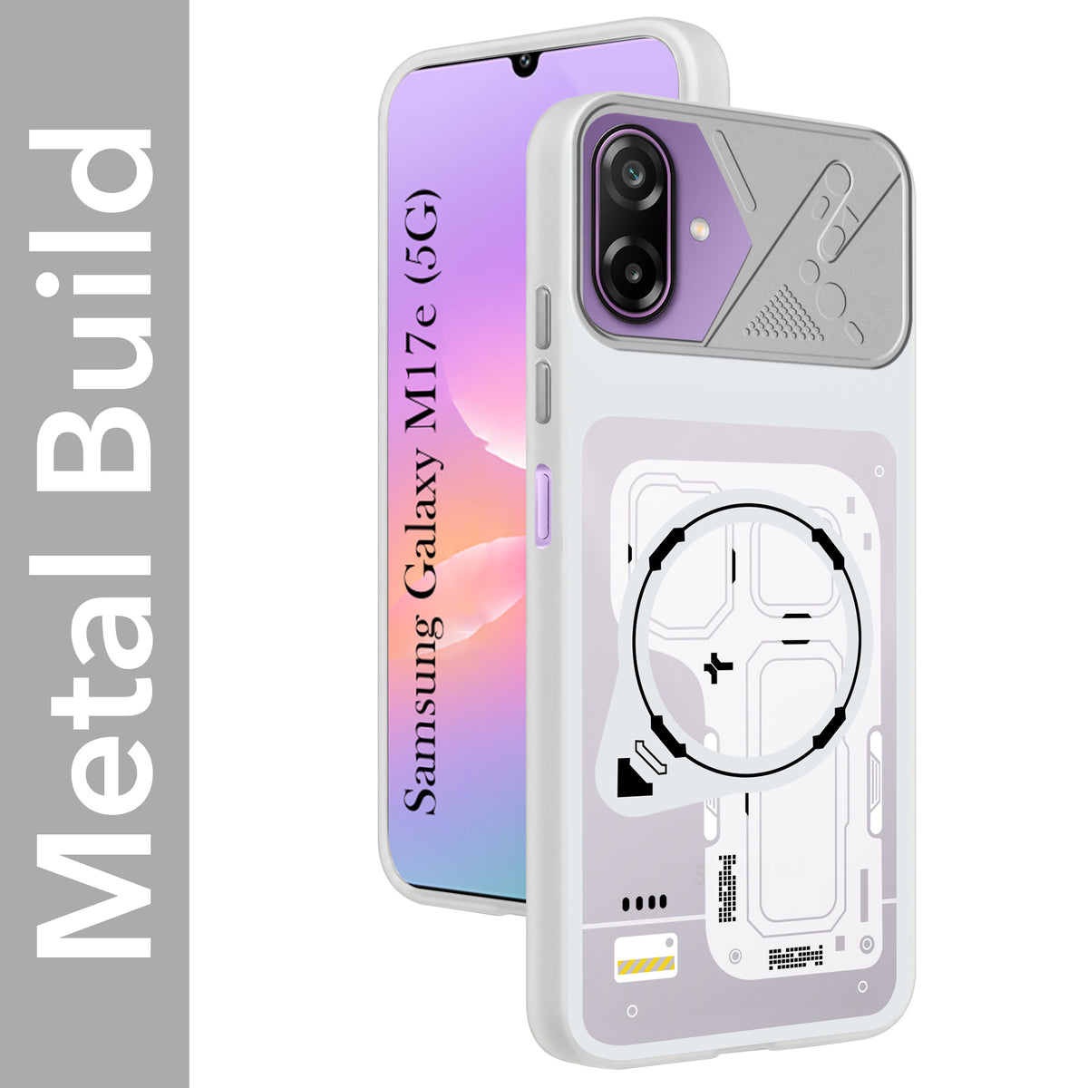 For Samsung Galaxy M17e Metallic Back Cover Case (Metallic Camera Protection & Buttons | Translucent Milky Shade | Hard Polycarbonate)