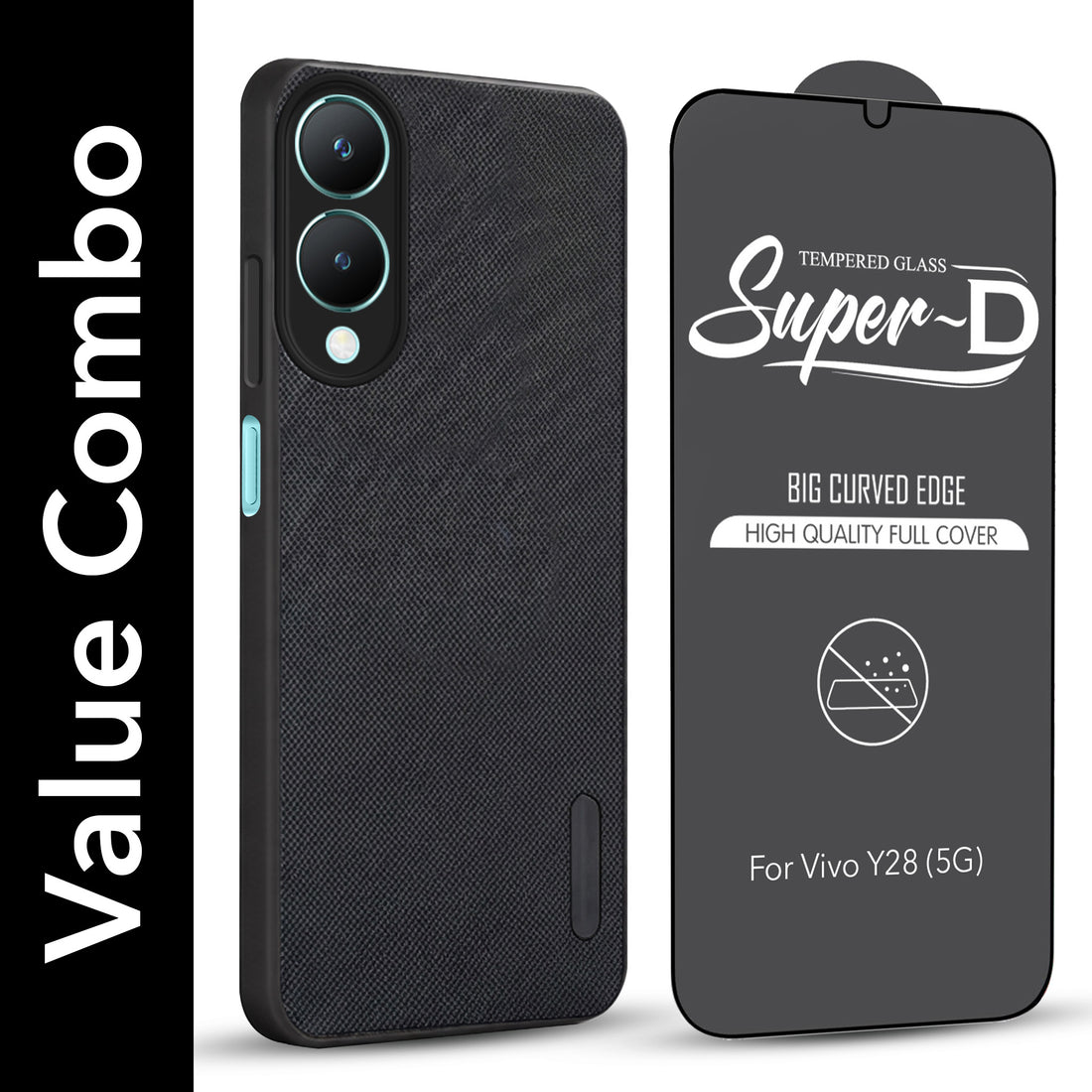 For Vivo Y28 5G Combo with Back Cover and 9H Tempered Glass (Textured Grip Design | Micro-Fiber Cloth Inside | Oleophobic Coating Screen Glass)