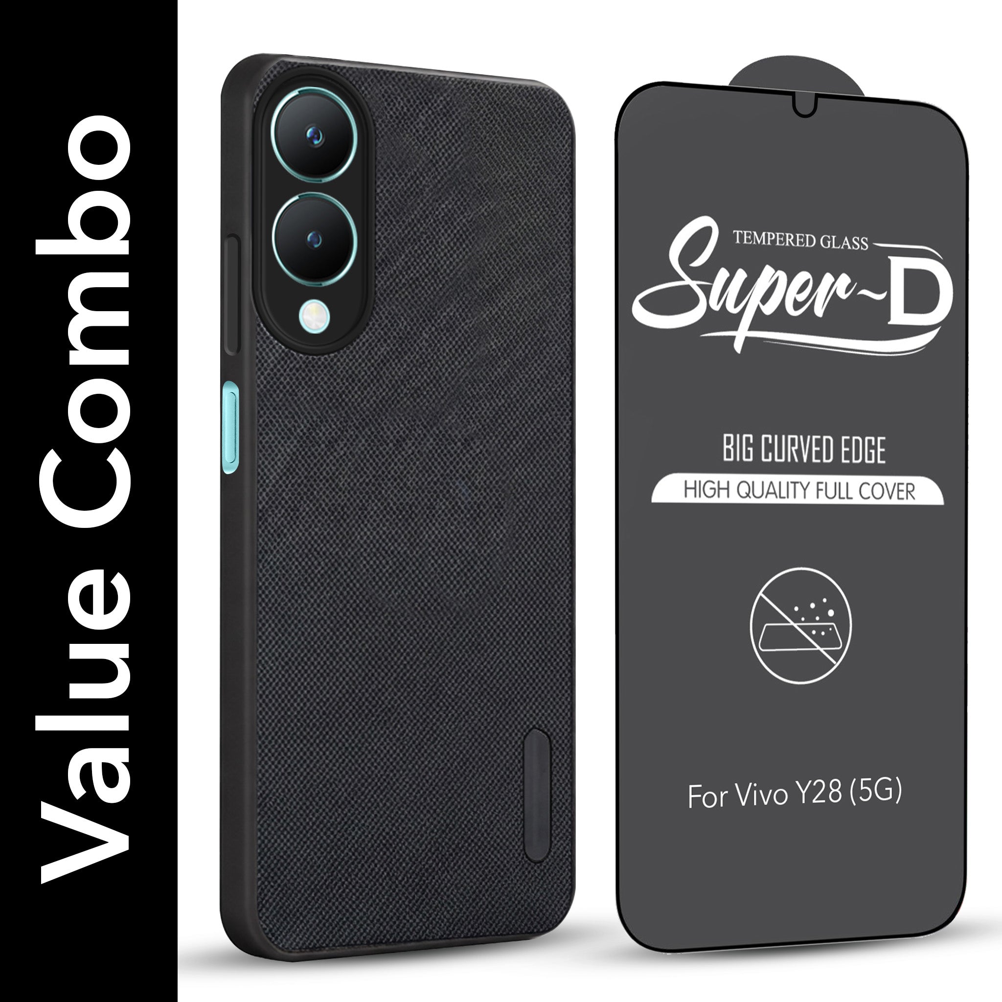 For Vivo Y28 5G Combo with Back Cover and 9H Tempered Glass (Textured Grip Design | Micro-Fiber Cloth Inside | Oleophobic Coating Screen Glass)