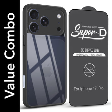 For Apple iPhone 17 Pro Combo with Back Cover and 9H Tempered Glass (Lifetime Anti-Yellow | Crystal Clear Shockproof | Oleophobic Coating Screen Glass)