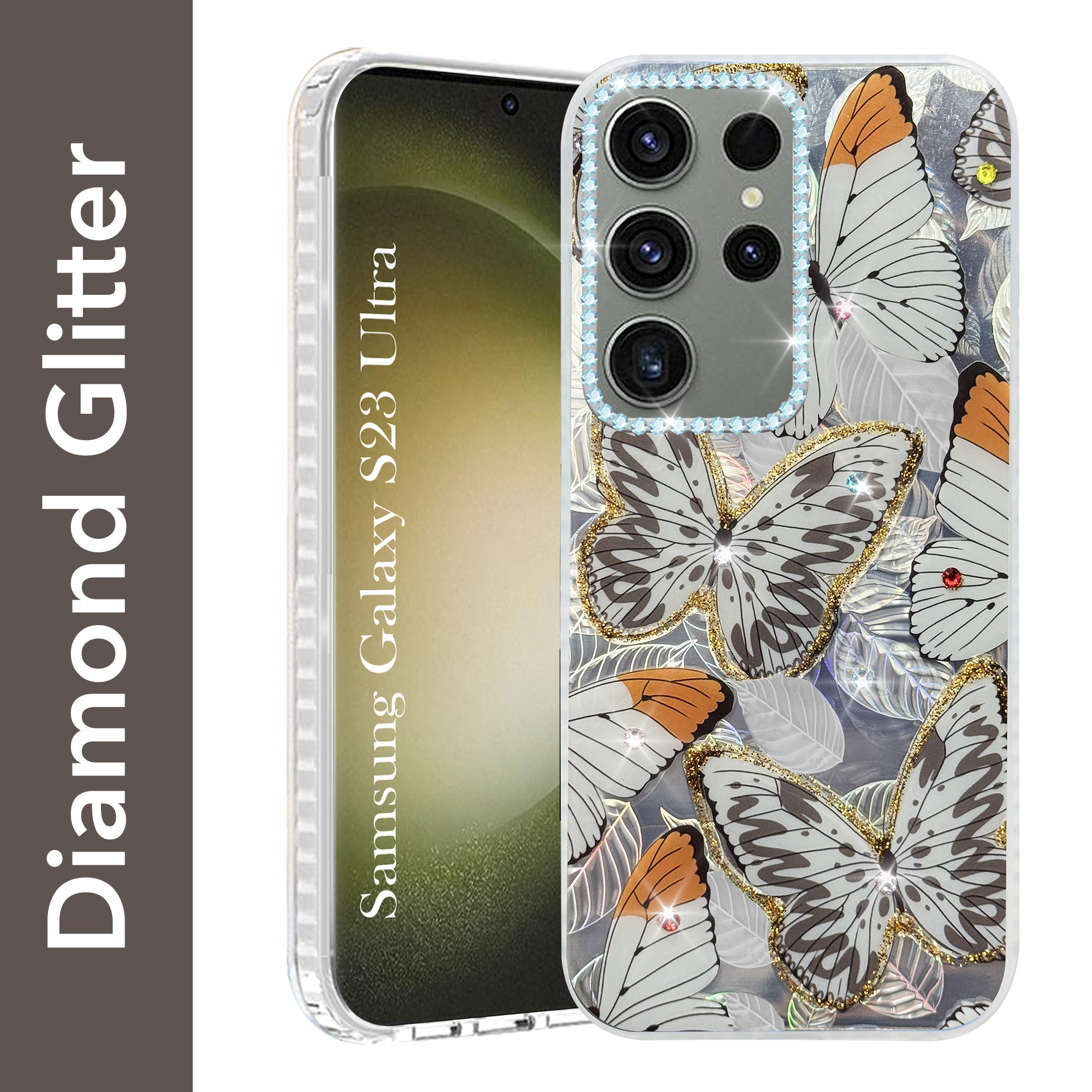 For Samsung Galaxy S23 Ultra Back Cover Case (Luxury Floral Glitter Cute Butterfly | Diamond Studded Camera Bump | Girls & Women Design)