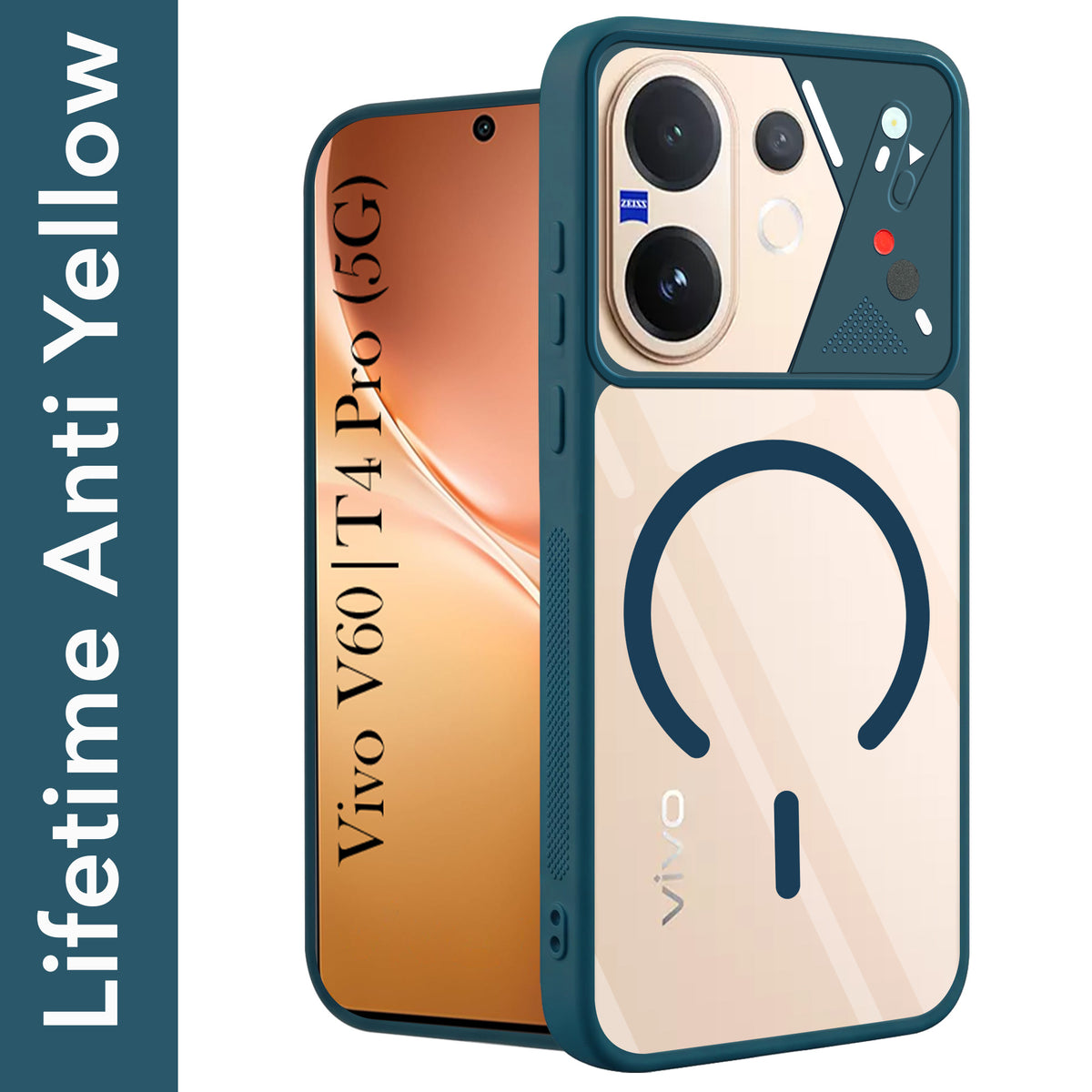 For Vivo V60 | Vivo T4 Pro Back Cover Case Lifetime Anti-Yellow Clear (Camera Protection | Side Grip | Wireless MagSafe Compatible)