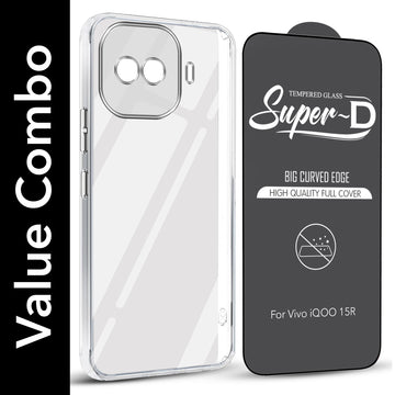 For Vivo iQOO 15R 5G Combo with Back Cover and 9H Tempered Glass (Lifetime Anti-Yellow | Sleek Hard Crystal | Oleophobic Coating Screen Glass)