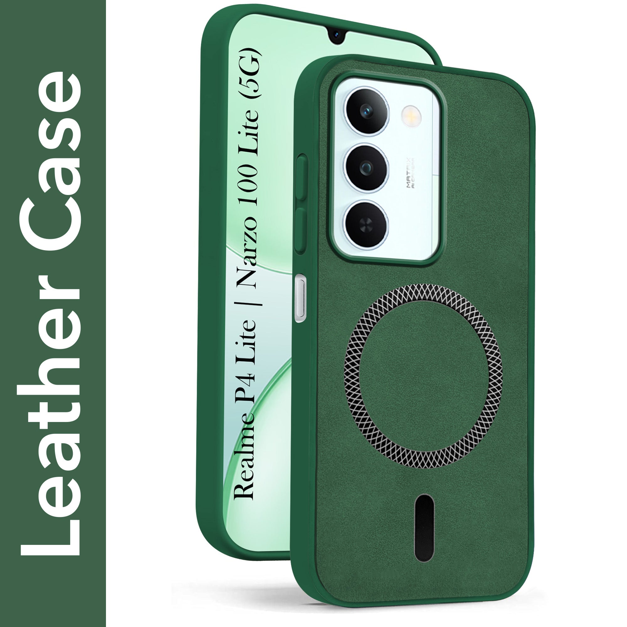 For Realme P4 Lite 5G | Narzo 100 Lite 5G Back Cover Case Leather Finish (MagSafe Compatible Wireless Charging | Soft Touch | Camera Bump Protection)