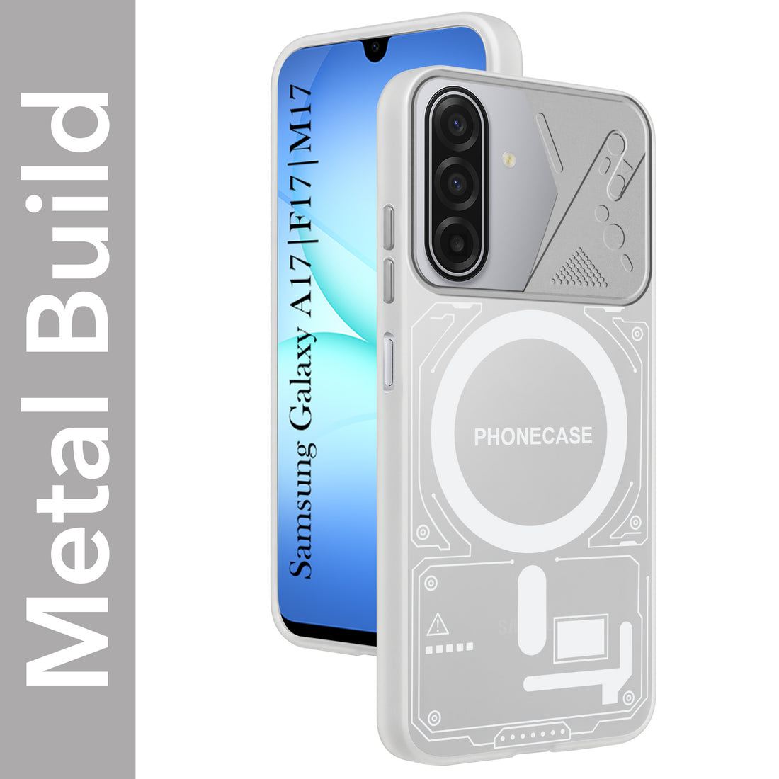For Samsung Galaxy A17 | Samsung F17 | Samsung M17 5G Metallic Back Cover Case (Metallic Camera Protection & Buttons | Translucent Milky Shade | Hard Polycarbonate)