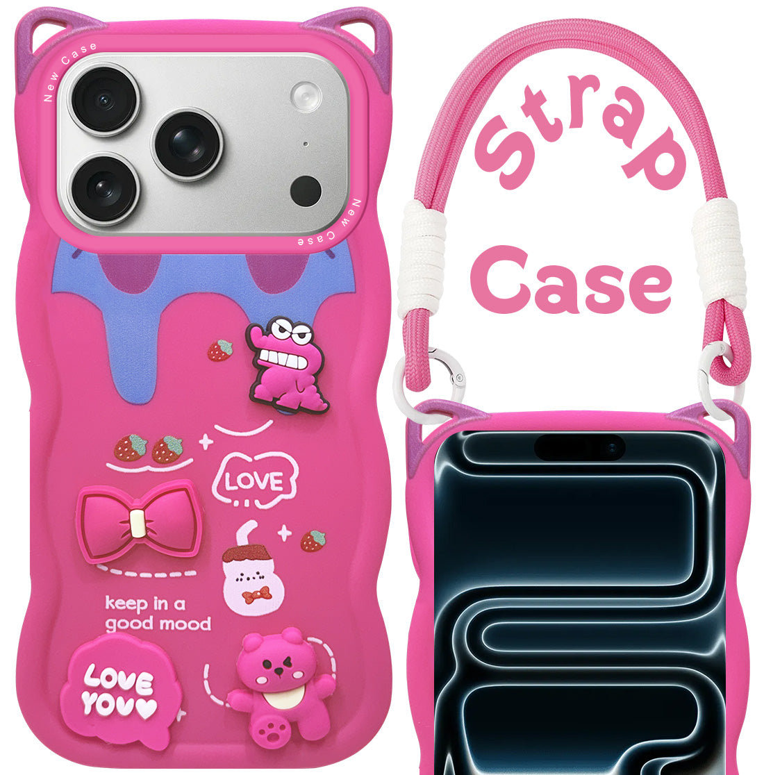 For Apple iPhone 17 Pro Back Case Cover Strap(3D Embossed Figures | Strap Holder | 360* Soft Cushion with Camera Bump)