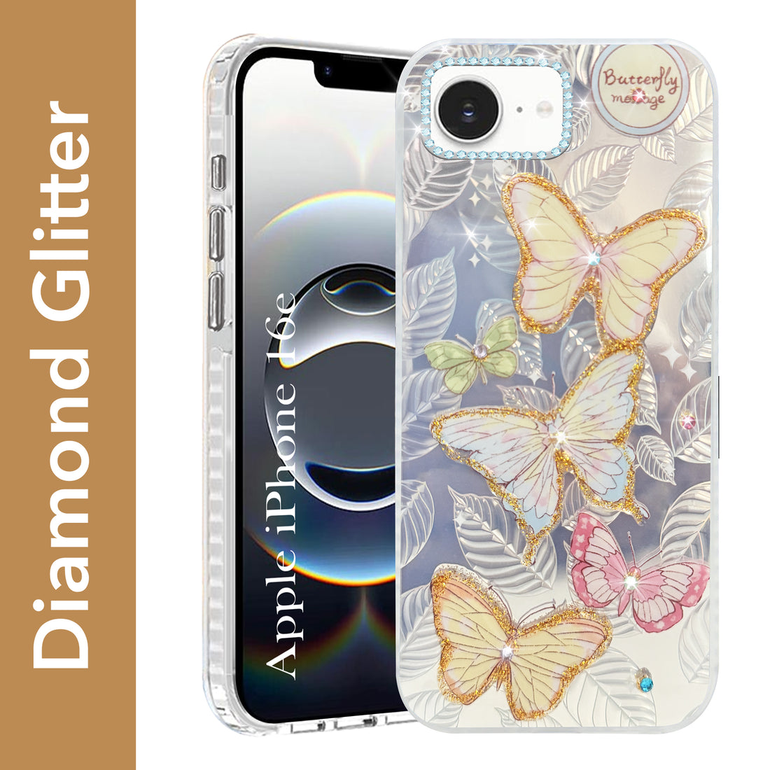 For iPhone 16e | iPhone 17e Back Cover Case (Luxury Floral Glitter Cute Butterfly | Diamond Studded Camera Bump | Girls & Women Design)