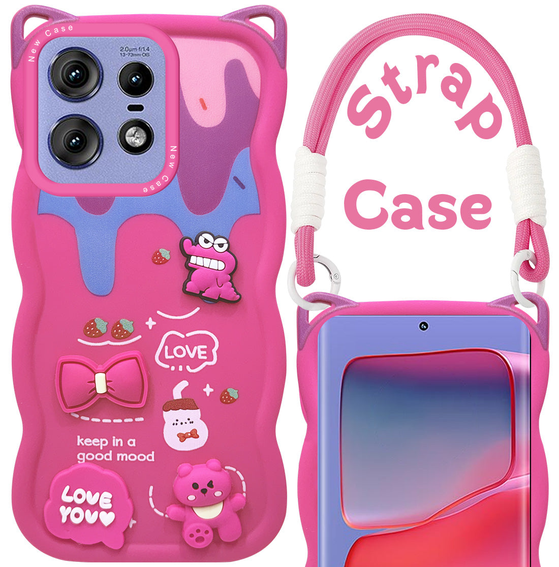 For Motorola Moto Edge 50 Pro Back Case Cover Strap (3D embossed Figures | Strap Holder | 360* Soft Cushion with Camera Bump)