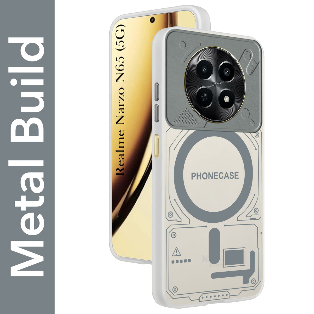 For Realme Narzo N65 5G Metallic Back Cover Case (Metallic Camera Protection & Buttons | Translucent Milky Shade | Hard Polycarbonate)