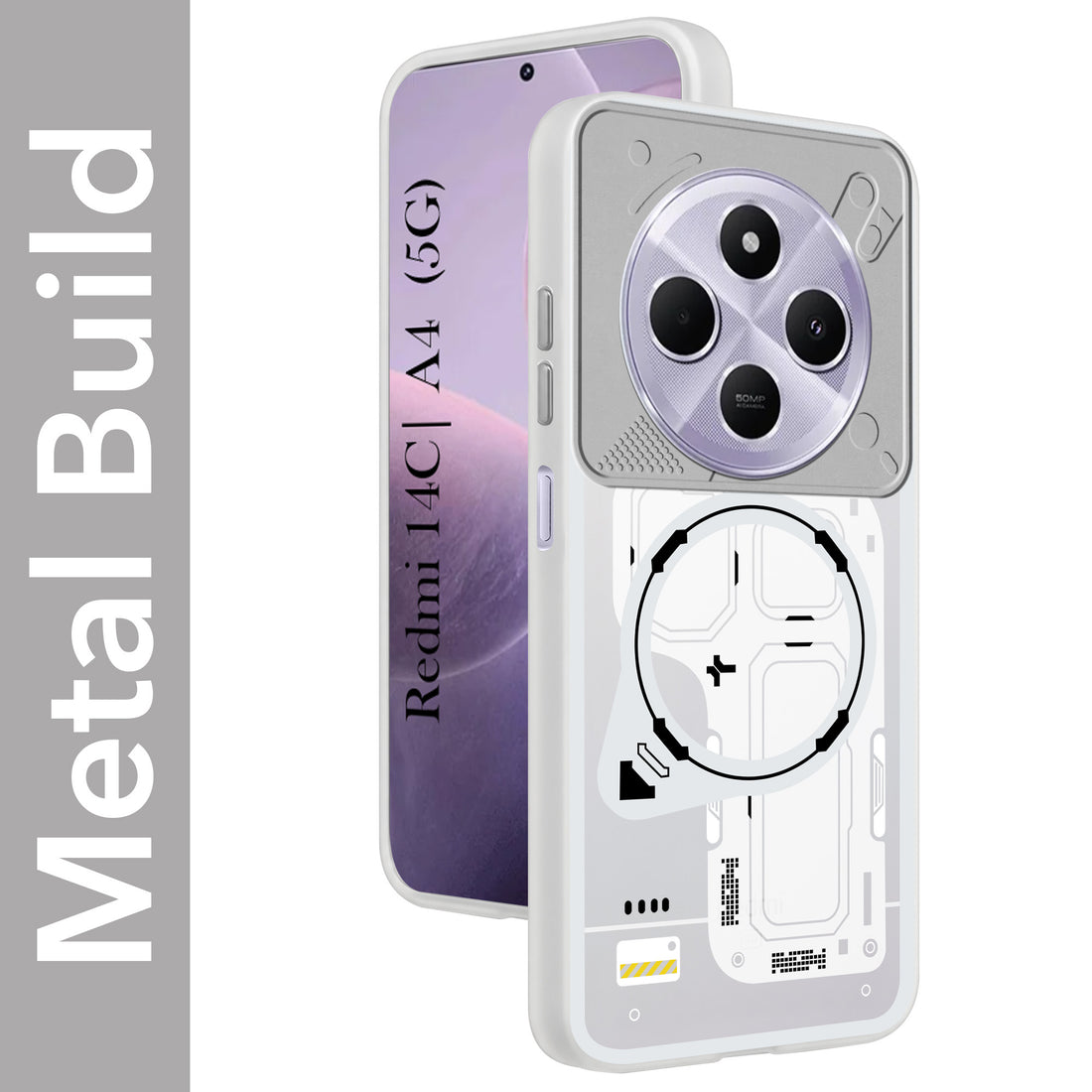 For Redmi A4 5G | Xiaomi Redmi 14C Metallic Back Cover Case (Metallic Camera Protection & Buttons | Translucent Milky Shade | Hard Polycarbonate)