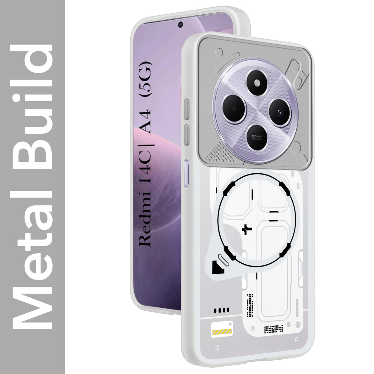 For Redmi A4 5G | Xiaomi Redmi 14C Metallic Back Cover Case (Metallic Camera Protection & Buttons | Translucent Milky Shade | Hard Polycarbonate)