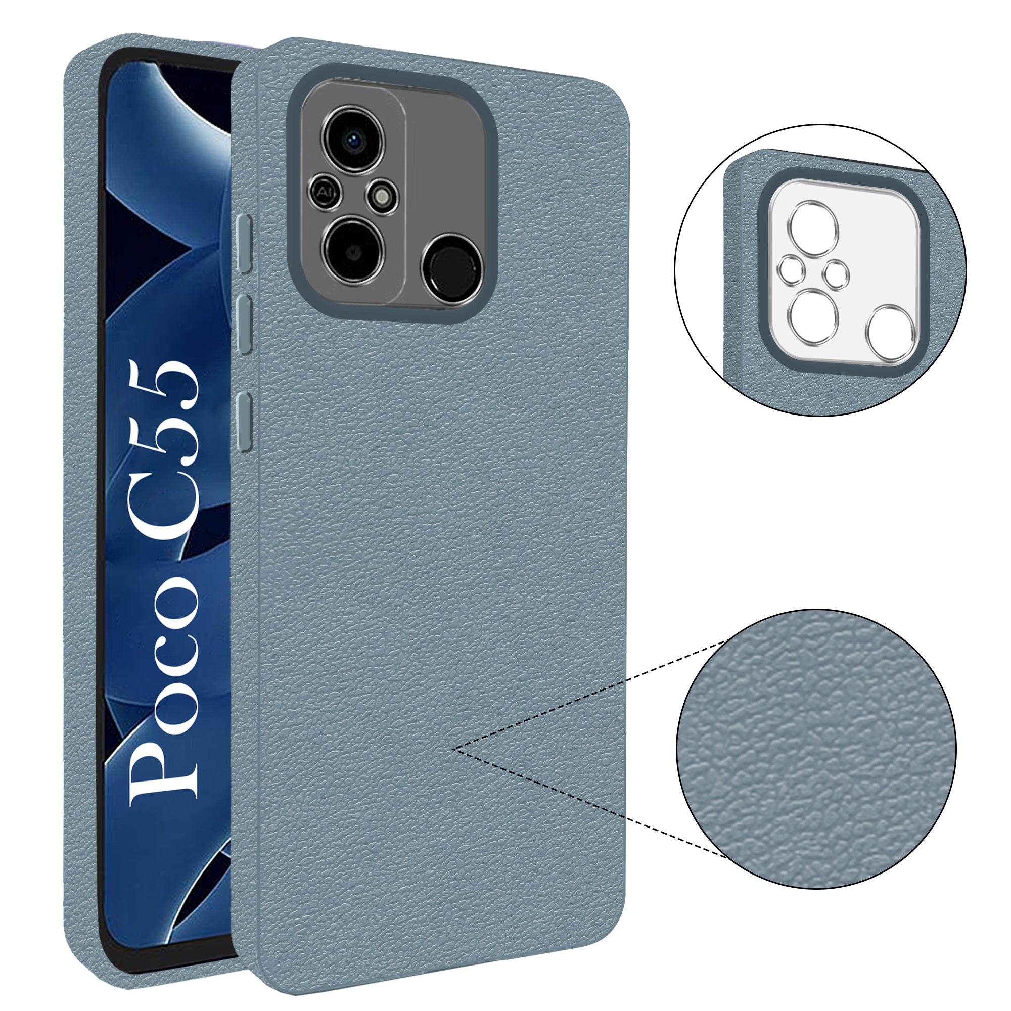 For Poco C55 Back Cover Case (Glass Like Camera Protection | Leather Feel | Minimalist Professional Grip)