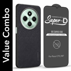 For Poco C75 | Poco M7 Combo with Back Cover and 9H Tempered Glass (Textured Grip Design | Micro-Fiber Cloth Inside | Oleophobic Coating Screen Glass)