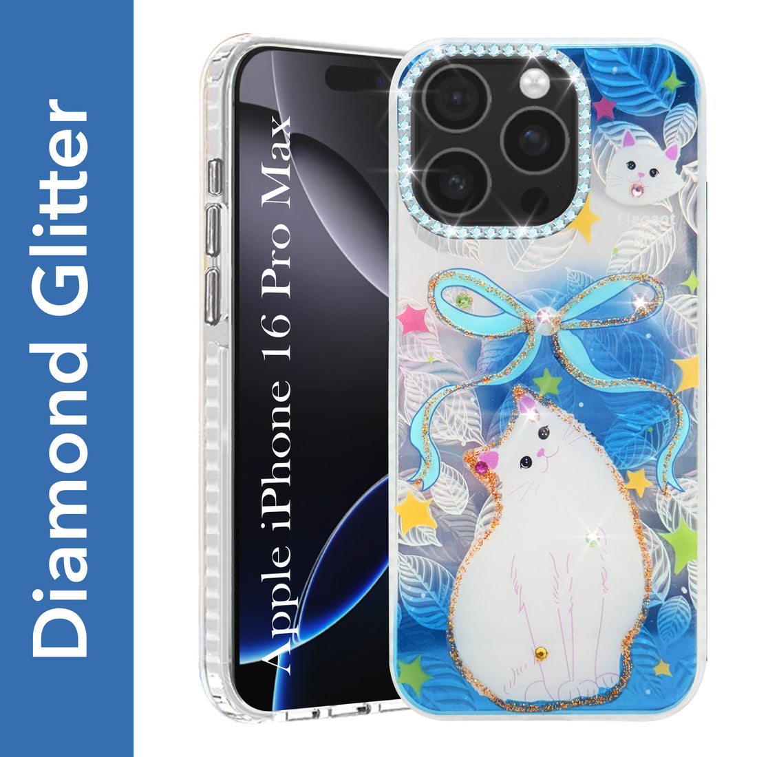 For iPhone 16 Pro Max Back Cover Case (Luxury Floral Glitter Cute Butterfly | Diamond Studded Camera Bump | Girls & Women Design)
