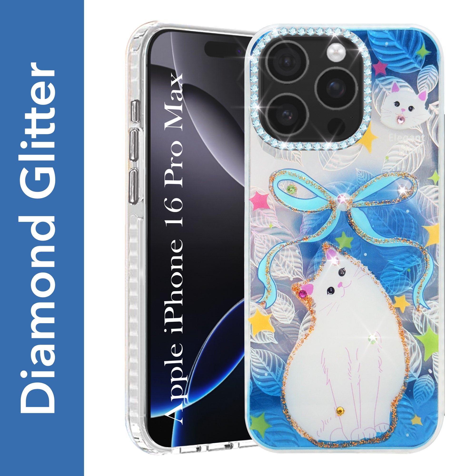 For iPhone 16 Pro Max Back Cover Case (Luxury Floral Glitter Cute Butterfly | Diamond Studded Camera Bump | Girls & Women Design)