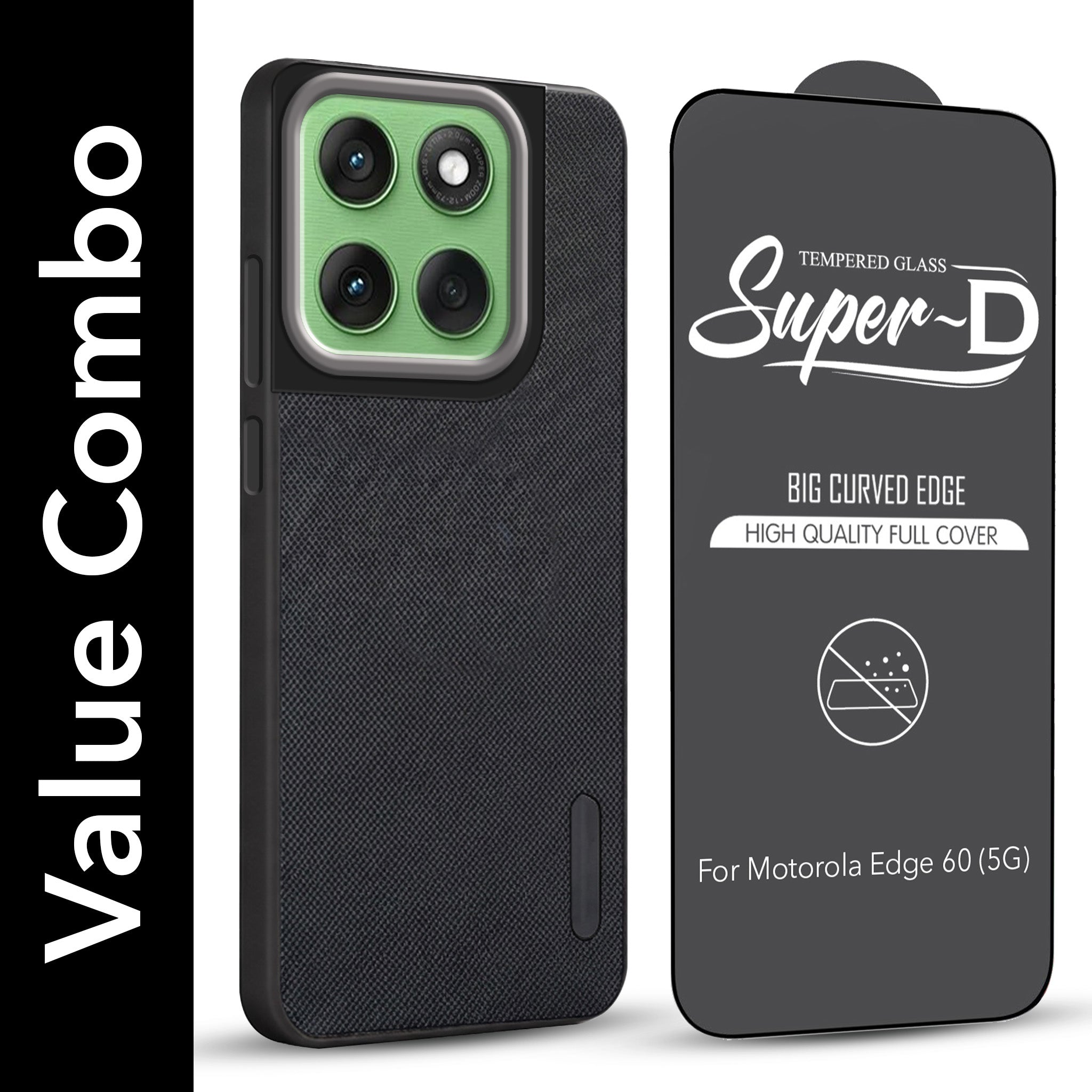 For Motorola Moto Edge 60 Combo with Back Cover and 9H Tempered Glass (Textured Grip Design | Micro-Fiber Cloth Inside | Oleophobic Coating Screen Glass)