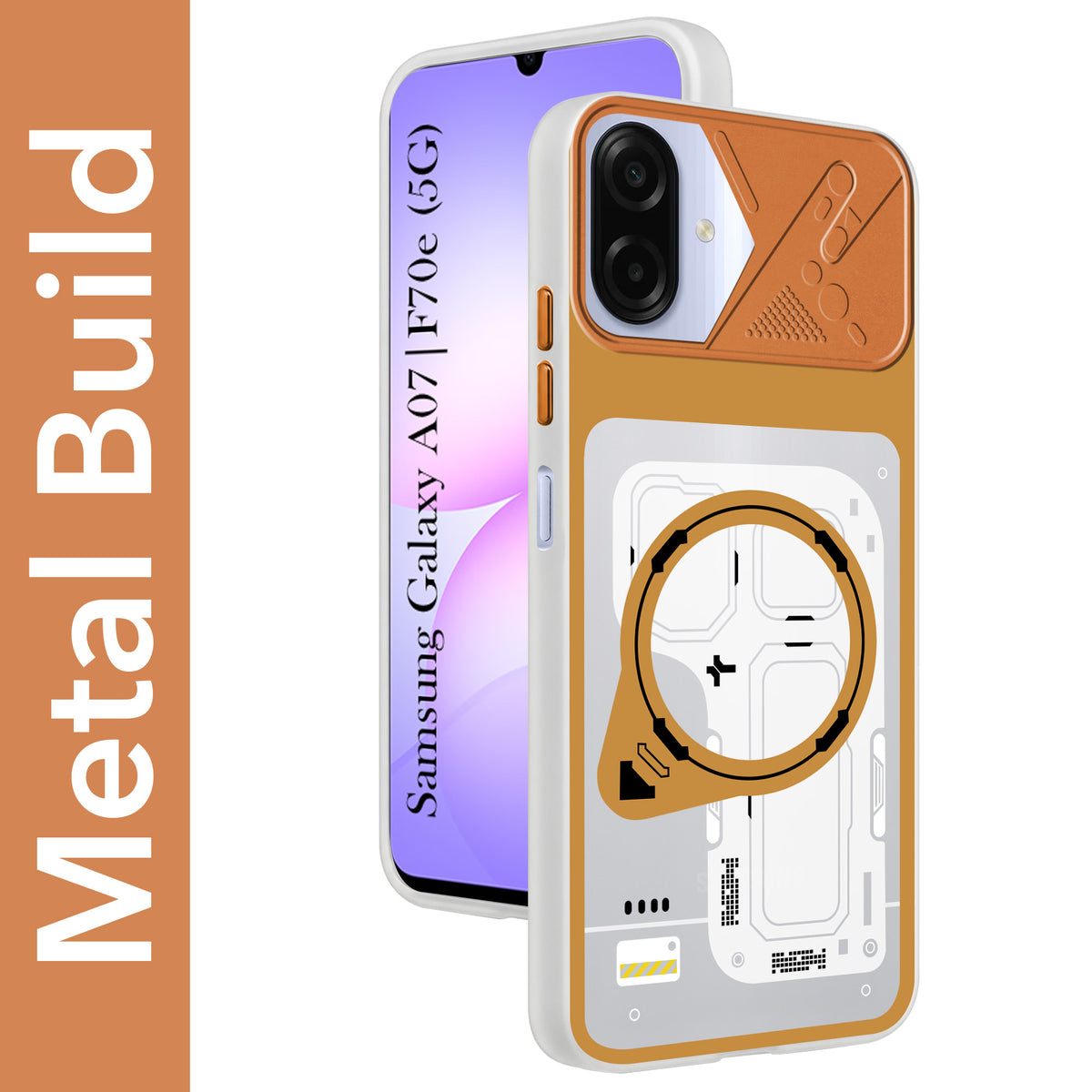 For Samsung Galaxy A07 5G | F70e 5G Metallic Back Cover Case (Metallic Camera Protection & Buttons | Translucent Milky Shade | Hard Polycarbonate)