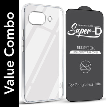 For Google Pixel 10a Combo with Back Cover and 9H Tempered Glass (Lifetime Anti-Yellow | Sleek Hard Crystal | Oleophobic Coating Screen Glass)