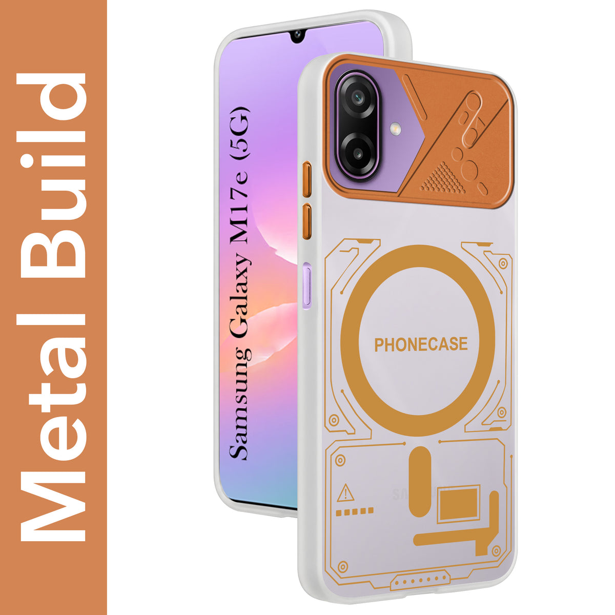 For Samsung Galaxy M17e Metallic Back Cover Case (Metallic Camera Protection & Buttons | Translucent Milky Shade | Hard Polycarbonate)