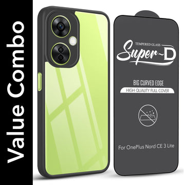 For OnePlus Nord CE 3 Lite Combo with Back Cover and 9H Tempered Glass (Lifetime Anti-Yellow | Crystal Clear Shockproof | Oleophobic Coating Screen Glass)