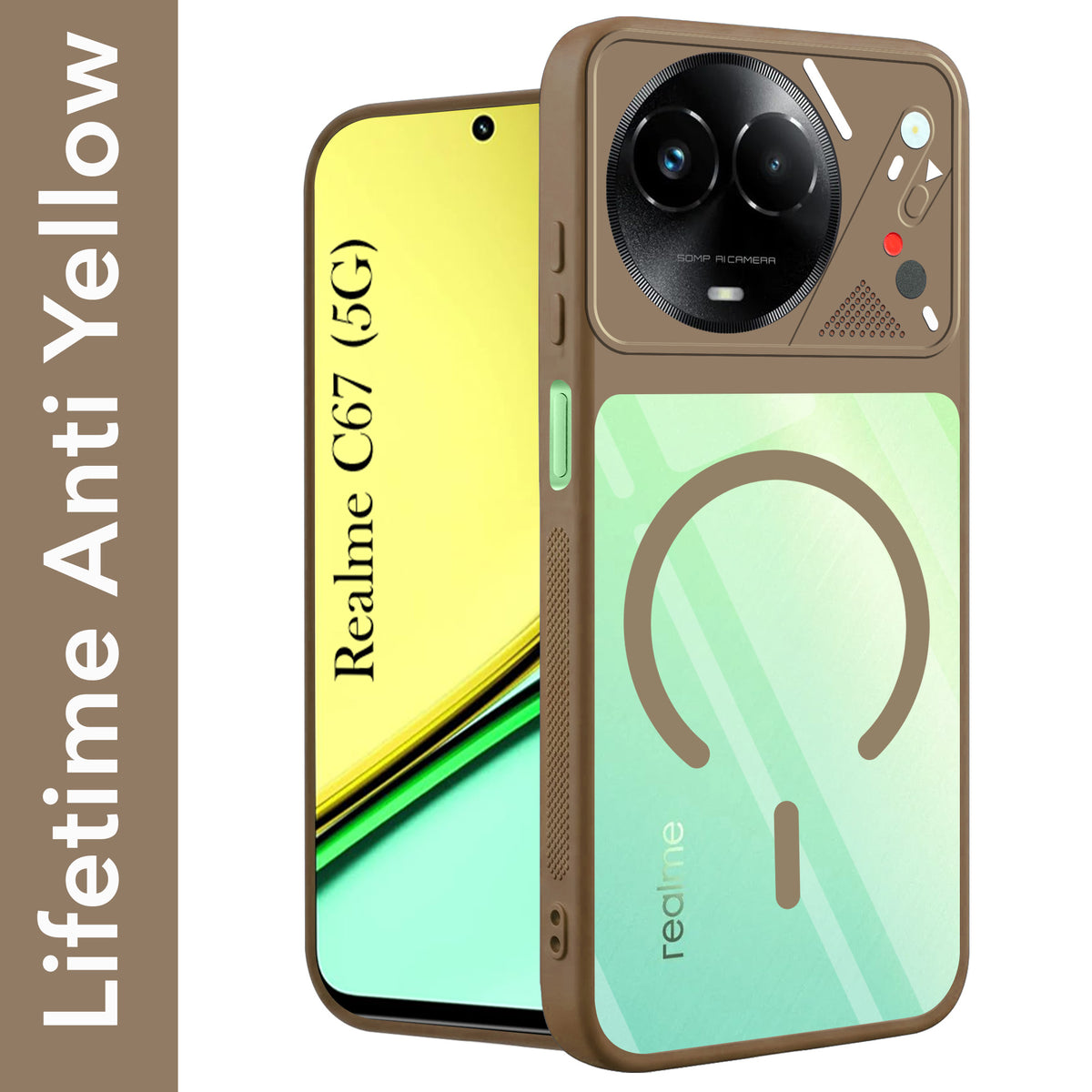 For Realme C67 Back Cover Case Lifetime Anti-Yellow Clear (Camera Protection | Side Grip | Wireless MagSafe Compatible)
