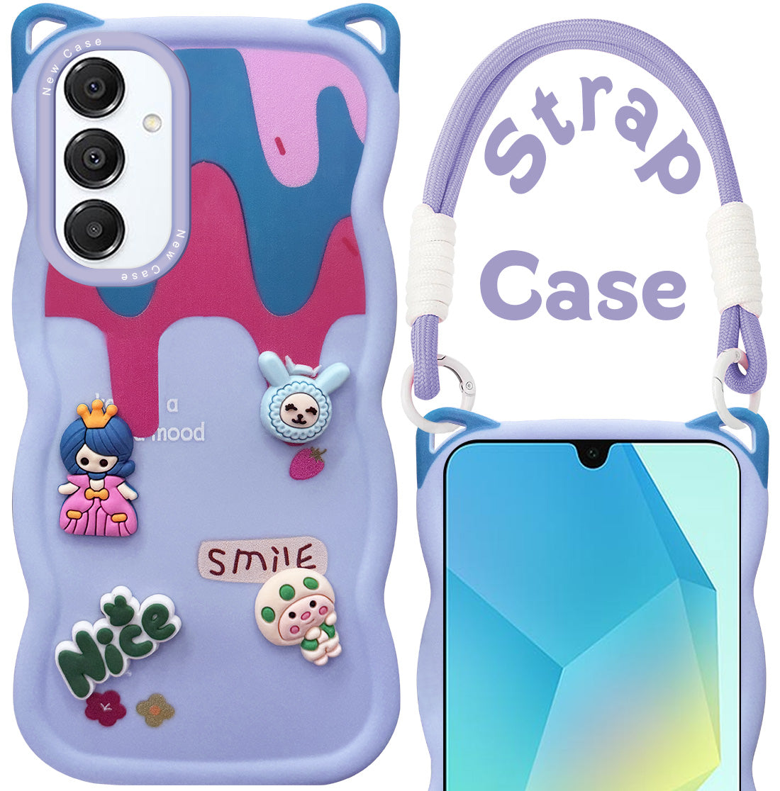 For Samsung Galaxy A16 5G Back Case Cover Strap (3D embossed Figures | Strap Holder | 360* Soft Cushion with Camera Bump)