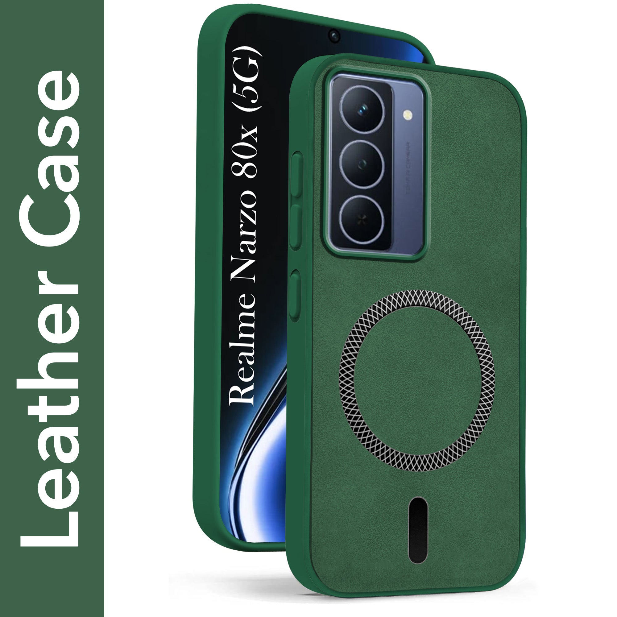 For Realme Narzo 80x Back Cover Case Leather Finish (MagSafe Compatible Wireless Charging | Soft Touch | Camera Bump Protection)