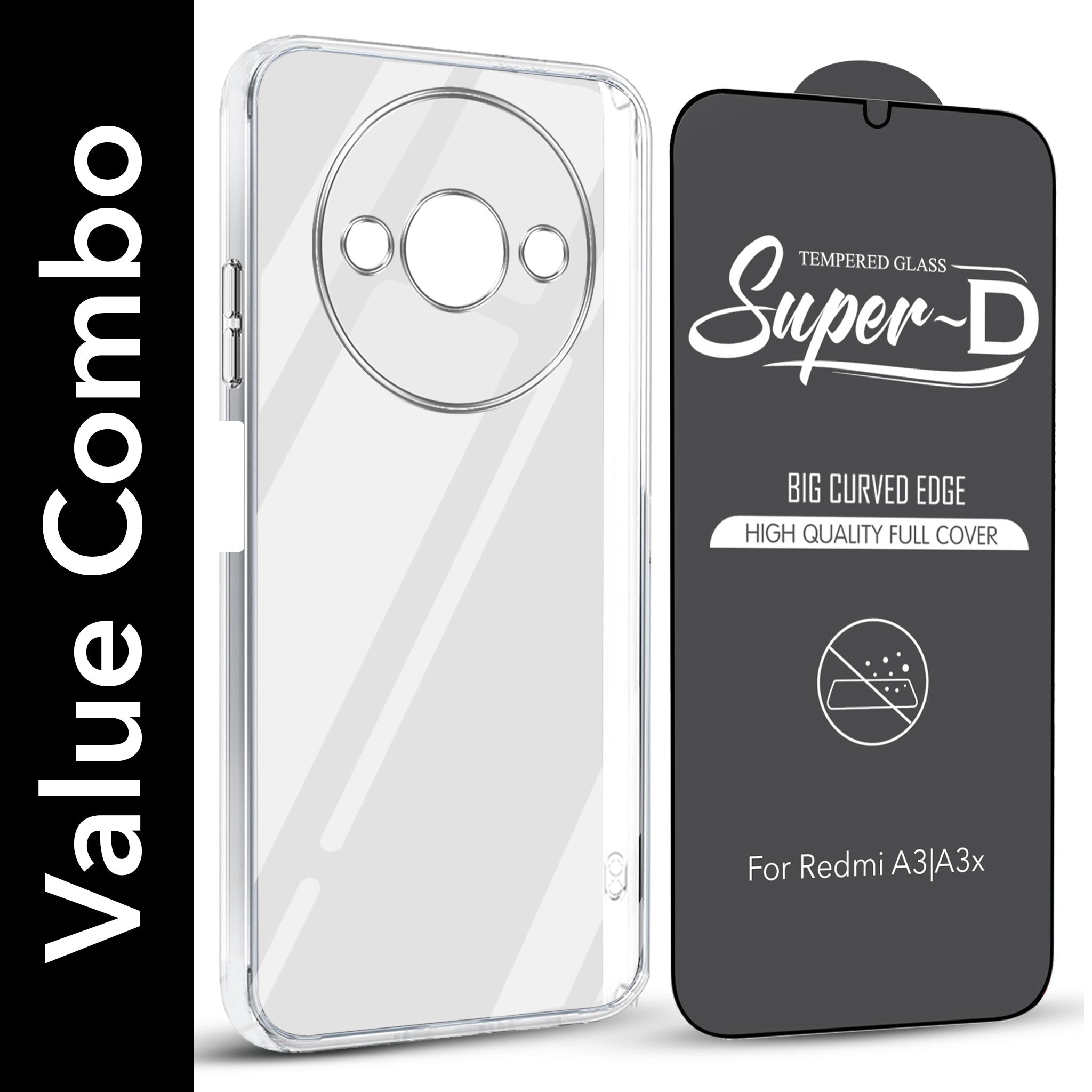 For Redmi A3 2024 | Redmi A3x Combo with Back Cover and 9H Tempered Glass (Lifetime Anti-Yellow | Sleek Hard Crystal | Oleophobic Coating Screen Glass)