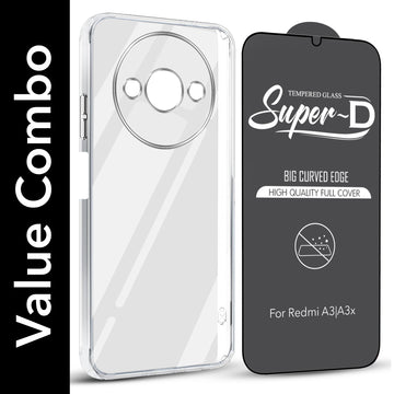 For Redmi A3 2024 | Redmi A3x Combo with Back Cover and 9H Tempered Glass (Lifetime Anti-Yellow | Sleek Hard Crystal | Oleophobic Coating Screen Glass)