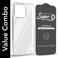 For Apple iPhone 14 Pro Max Combo with Back Cover and 9H Tempered Glass (Lifetime Anti-Yellow | Sleek Hard Crystal | Oleophobic Coating Screen Glass)