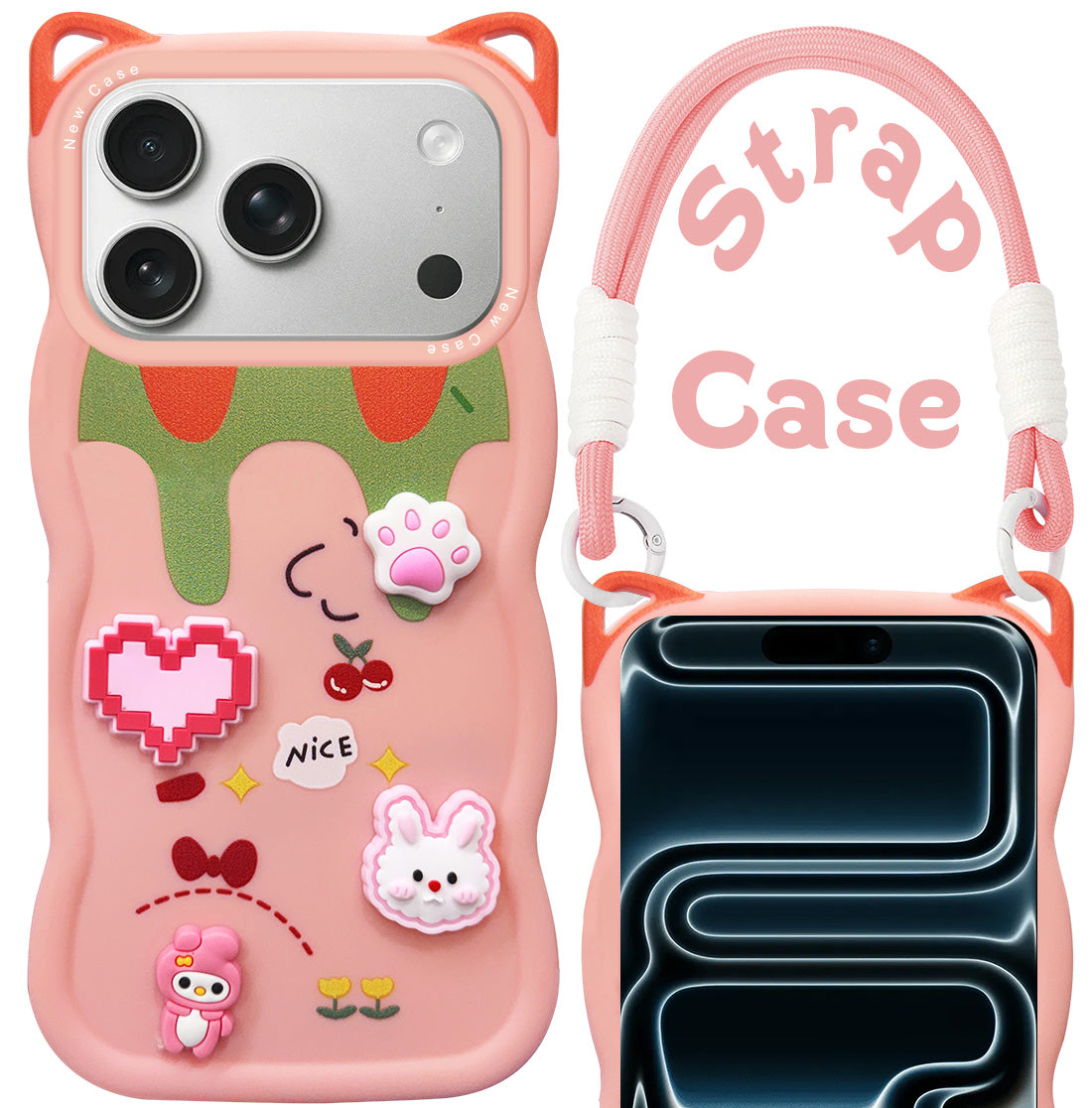 For Apple iPhone 17 Pro Back Case Cover Strap(3D Embossed Figures | Strap Holder | 360* Soft Cushion with Camera Bump)