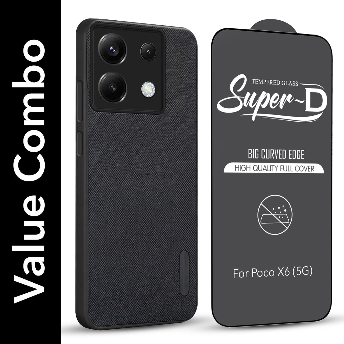 For Poco X6 5G Combo with Back Cover and 9H Tempered Glass (Textured Grip Design | Micro-Fiber Cloth Inside | Oleophobic Coating Screen Glass)